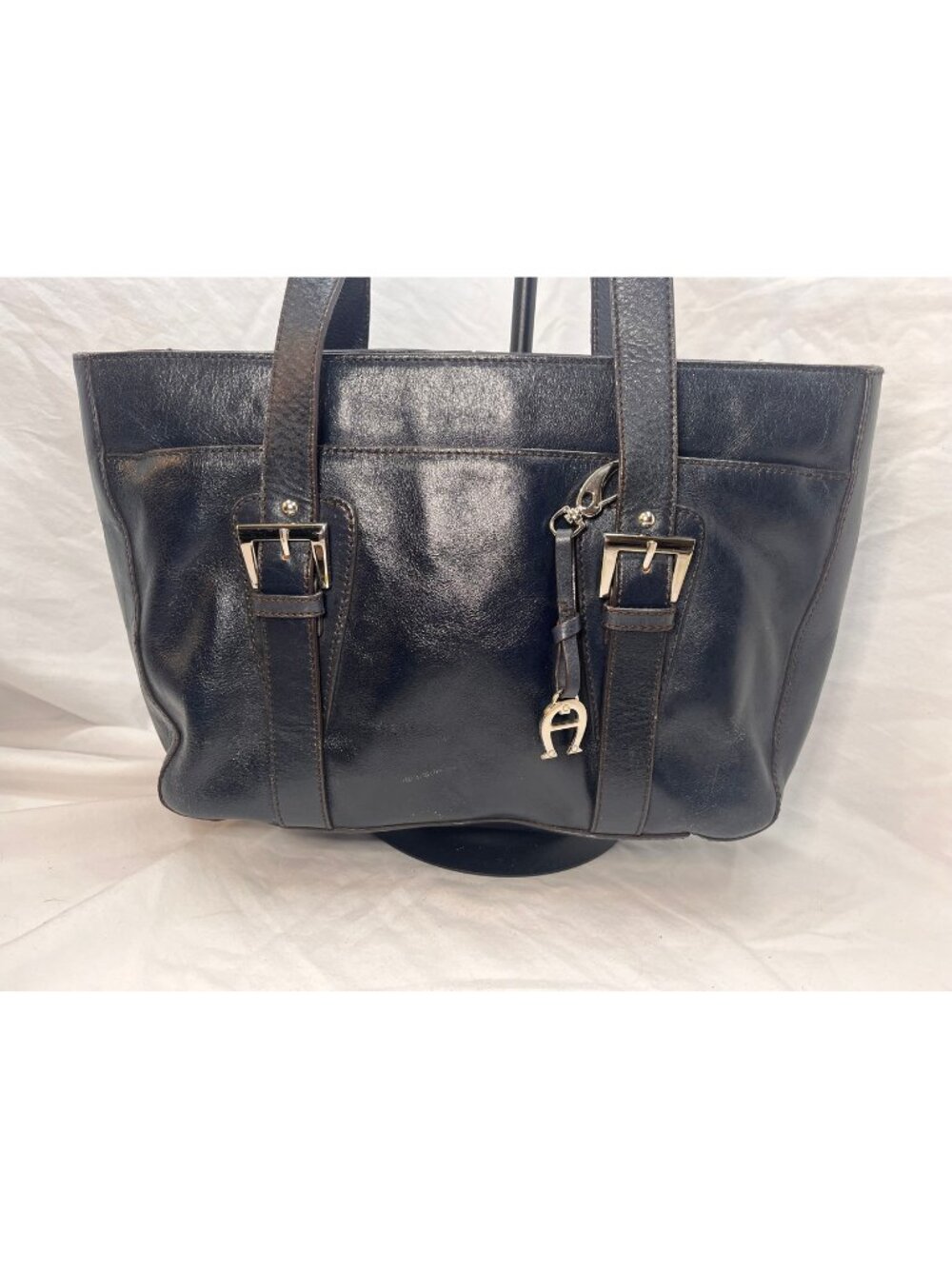 Etienne Aigner 86545 Blue Genuine Leather Tote Shoulder Bag Buckle Charm